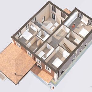 Визуализация перспективы вида сверху. 2 этаж, интерьеры, планировка. Вид со стороны двора